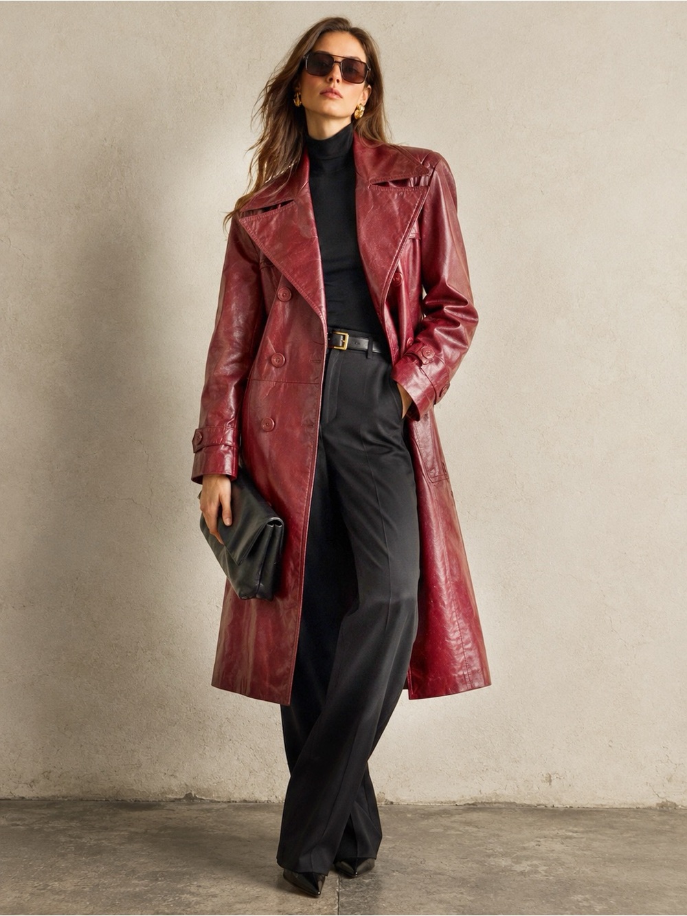 Vintage Burgundy Leather Trench Coat - Women's -Large